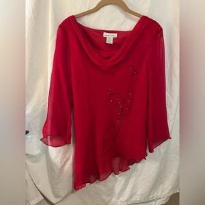 100% Silk Vintage Michele Michelle Red Blouse with Sequins & Beading Size L